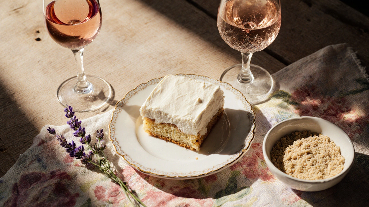 A slice of thawed wedding cake served with wine, flowers, and cake crumbs on a table.