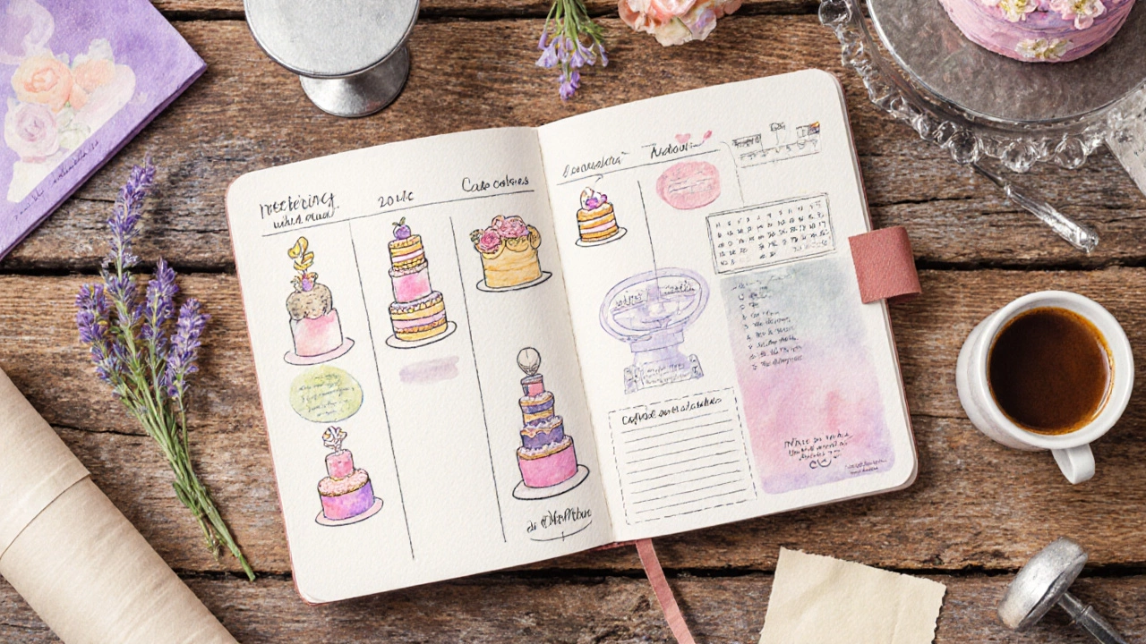 Artistic layout of a wedding cake planning timeline with calendar pages and sketches.