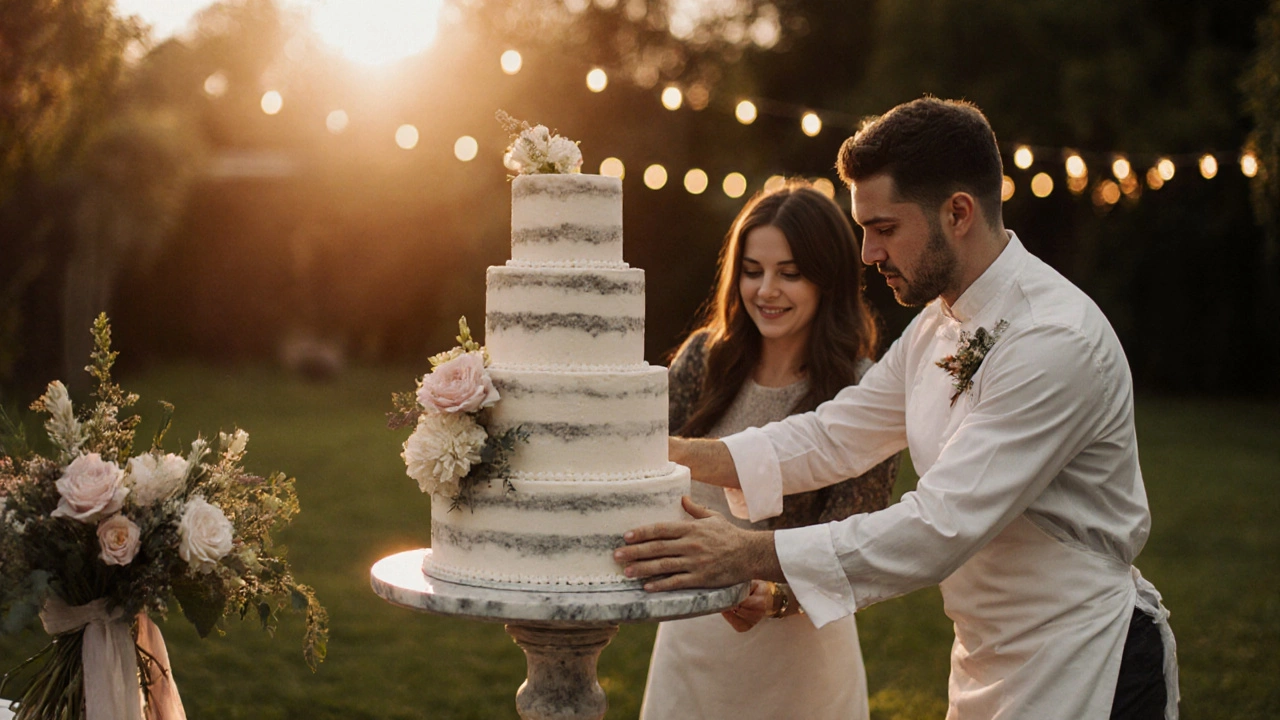 Baker placing a multi‑tiered wedding cake on a stand at the wedding venue.