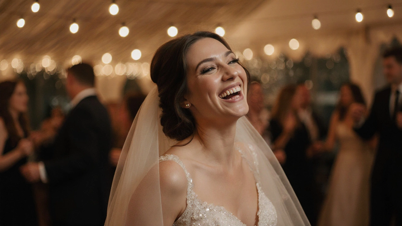 Bride dancing at reception with flawless makeup under string lights.