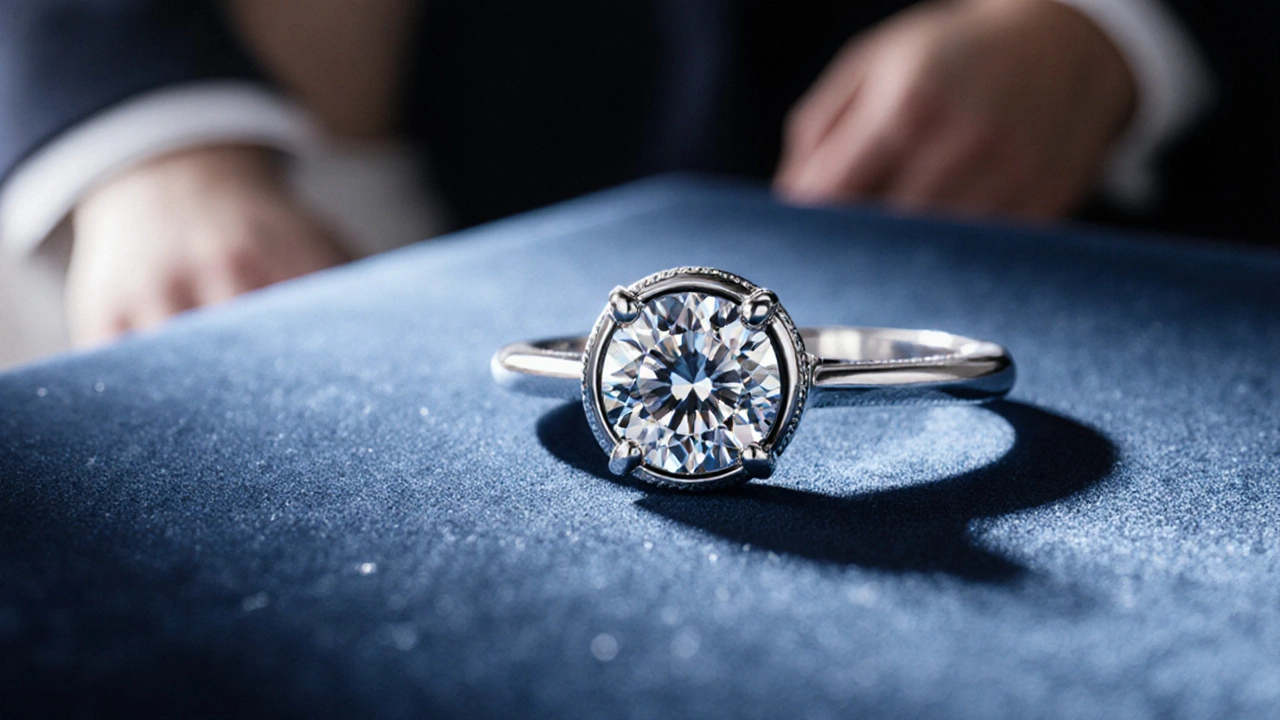 Close‑up of a sparkling engagement ring on velvet with blurred hands behind.