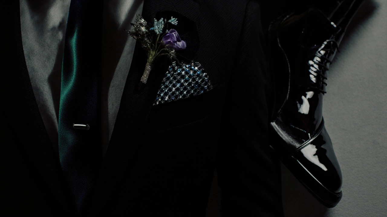 Close‑up of black suit accessories: tie, pocket square, cufflinks, and velvet boutonnière.