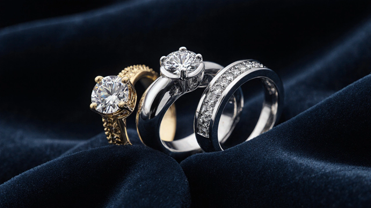 Close‑up of three wedding rings on velvet showcasing different metals and settings.