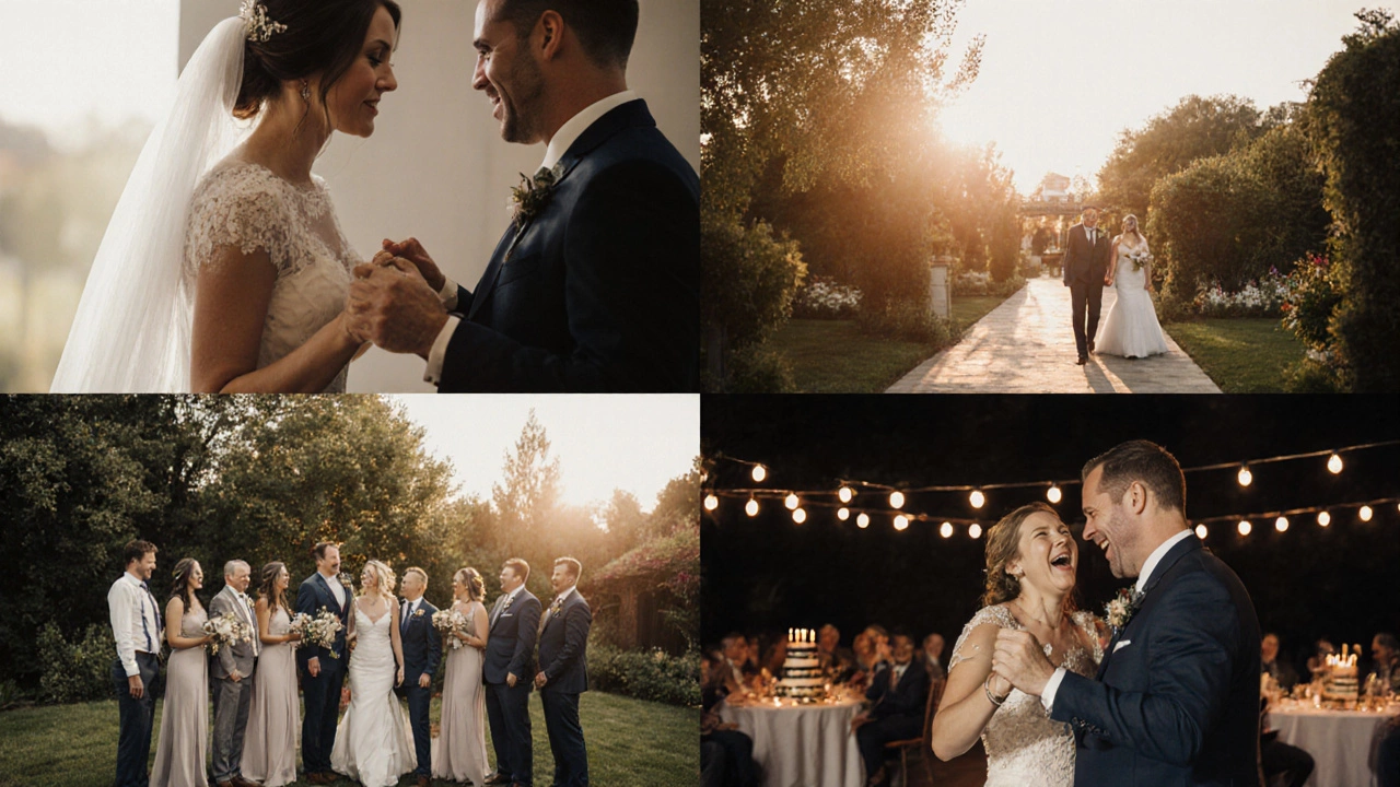 Collage of wedding moments—getting ready, ceremony, portraits, reception—showing a 200‑photo timeline.