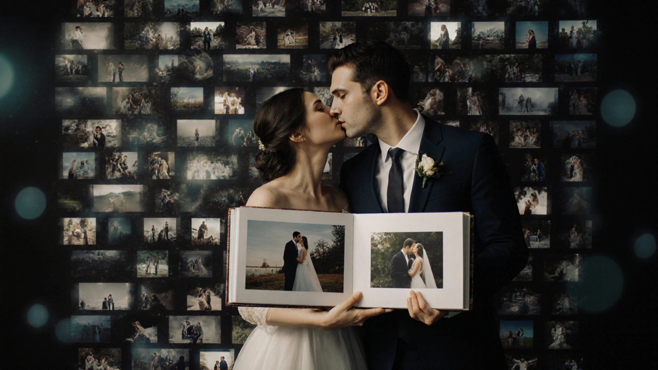 Couple holding wedding album as translucent raw files fade behind them like digital ghosts.
