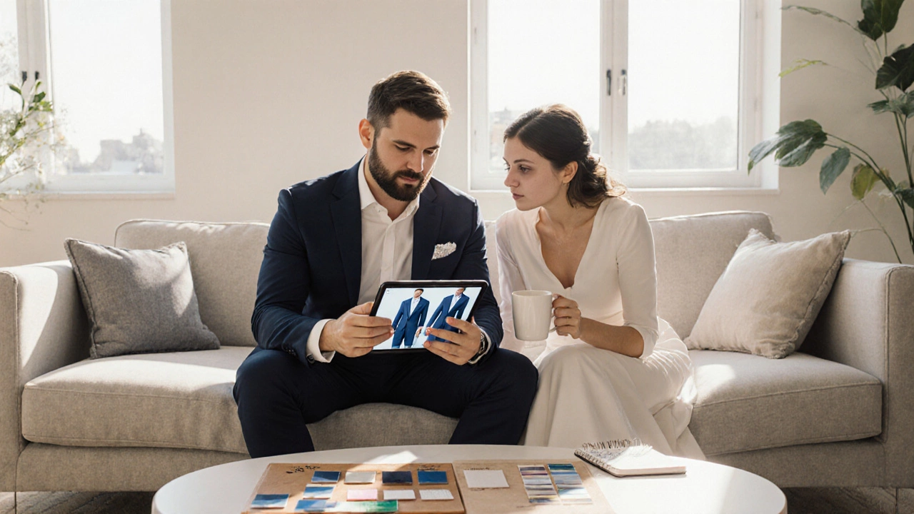 Couple reviewing a digital photo of the groom's suit in a modern living room.