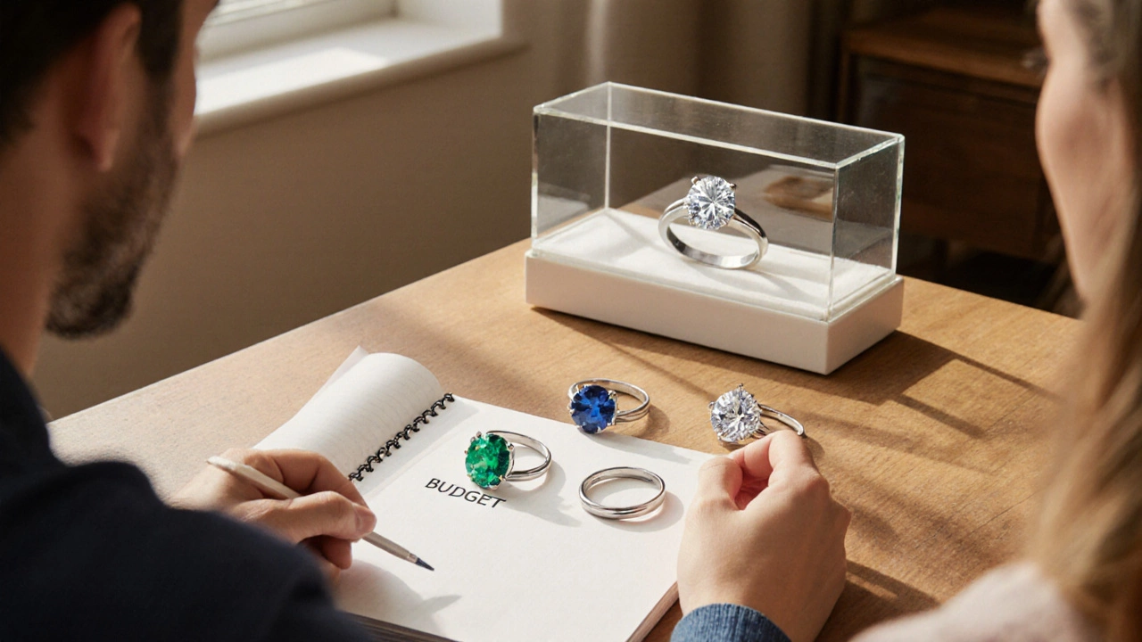 Couple reviewing budget with moissanite, sapphire, and emerald rings on a table.