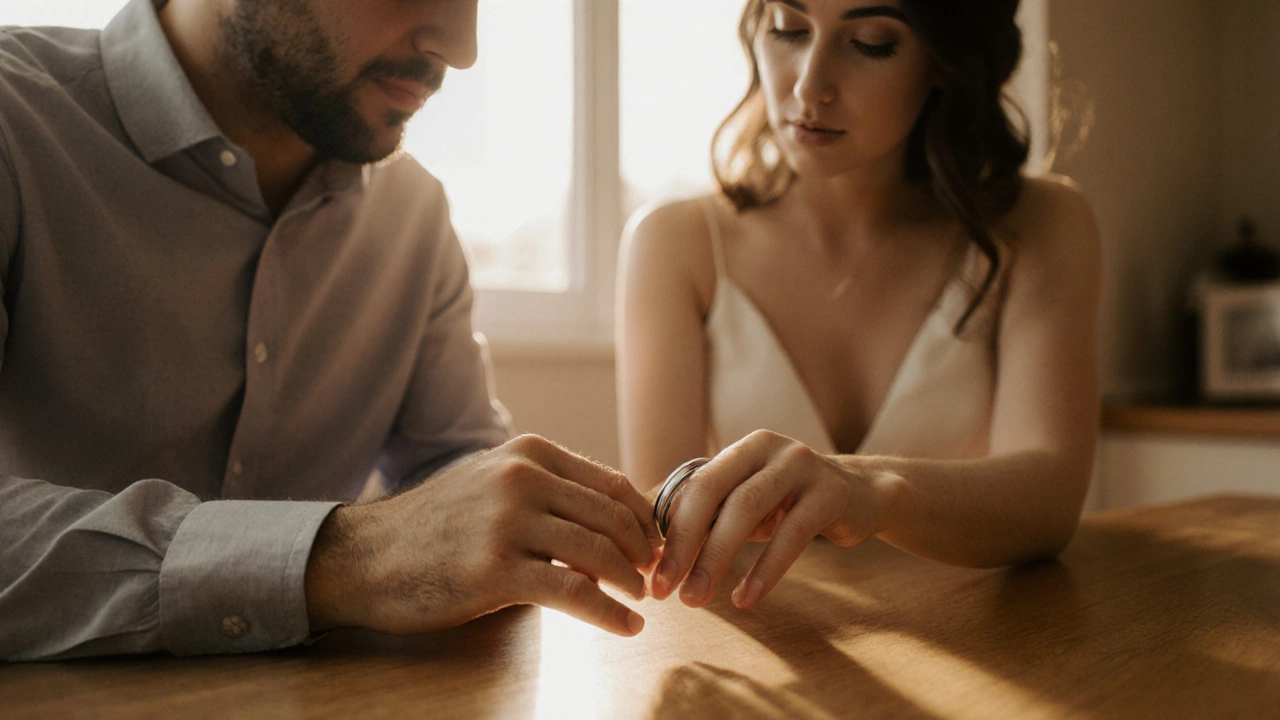 Couple trying on a platinum wedding band in warm sunlight.