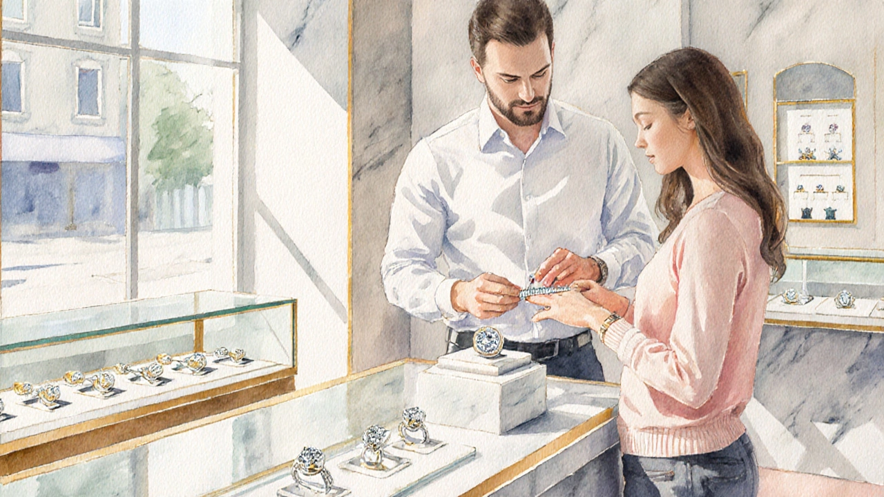 Couple trying on rings with a jeweler in a bright boutique store.