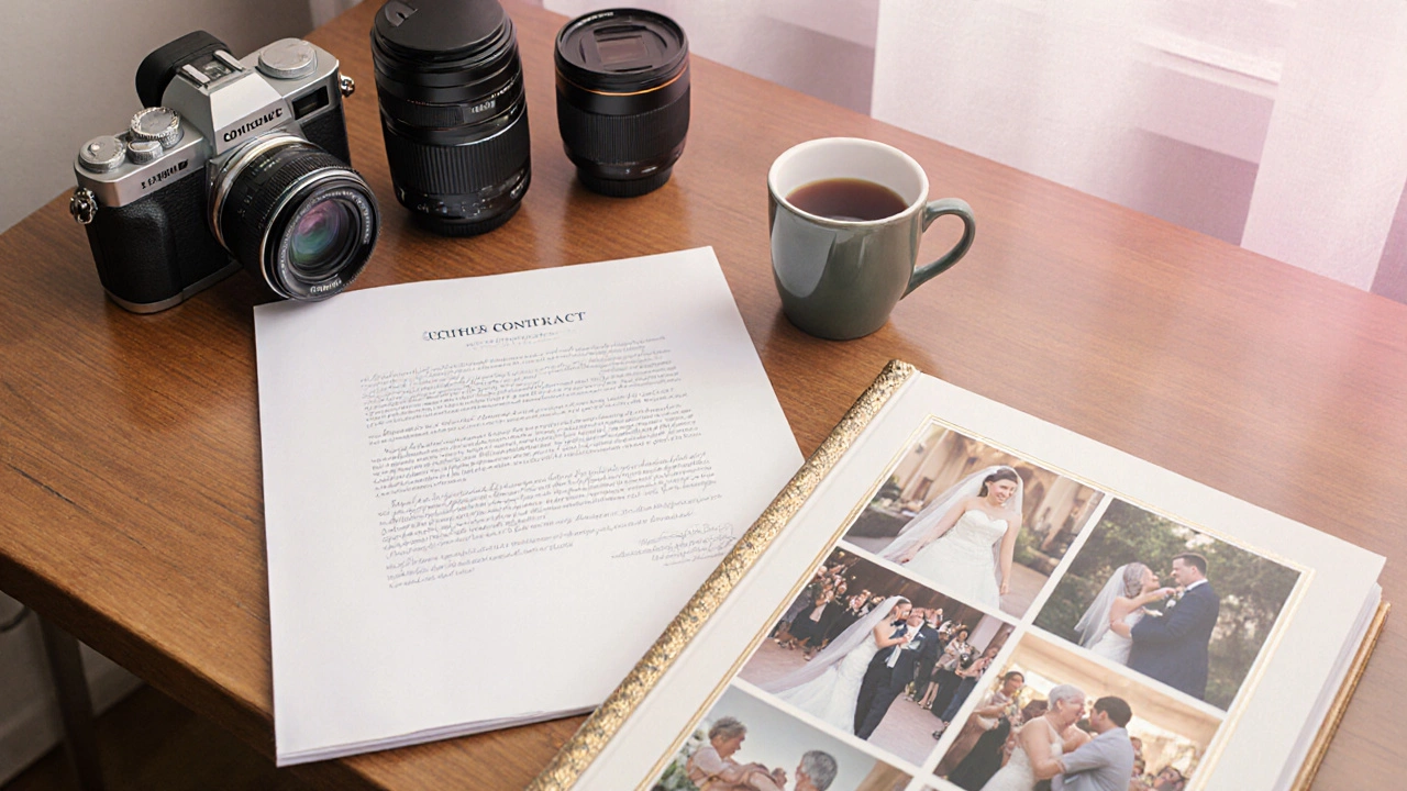 Desk with contract, camera gear, and an open wedding album showing complete coverage.