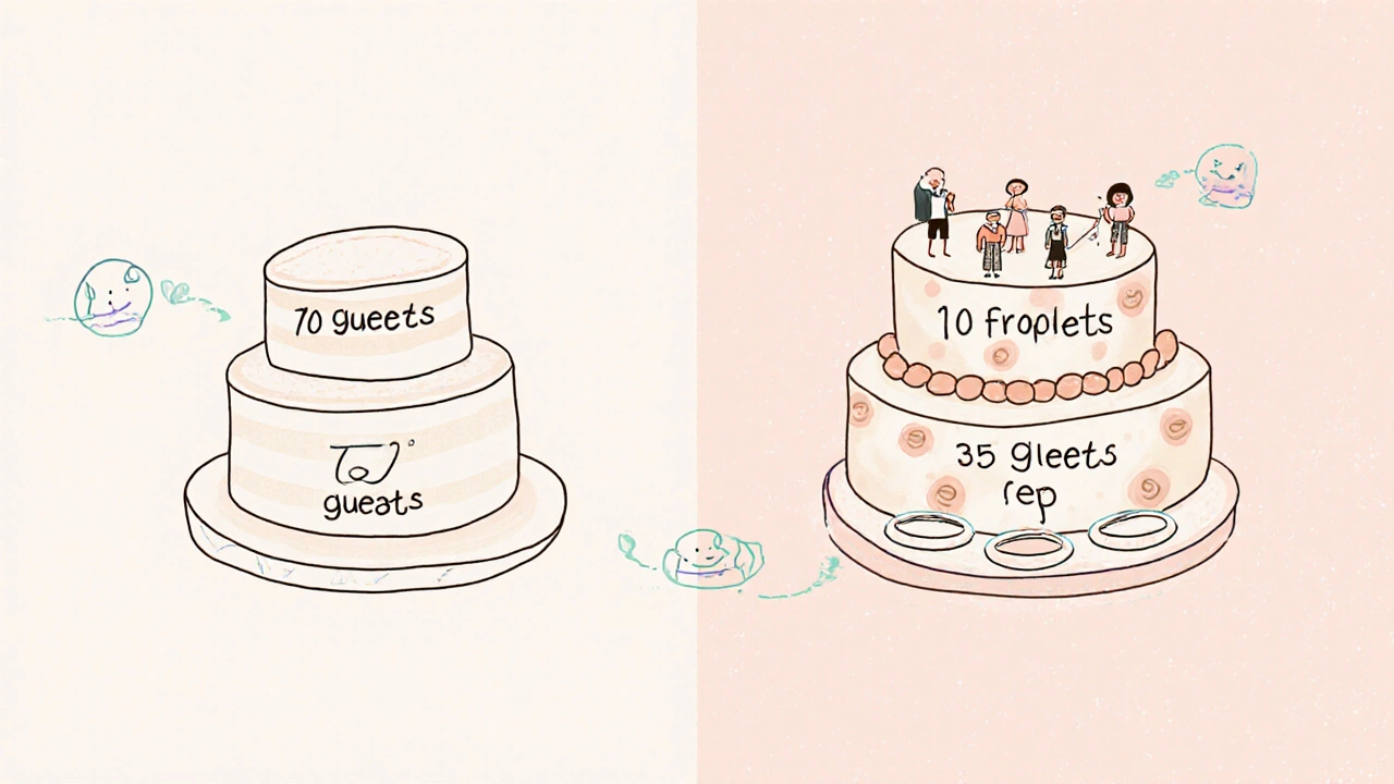 Diagram comparing two-tier and three-tier wedding cakes with guest capacities.