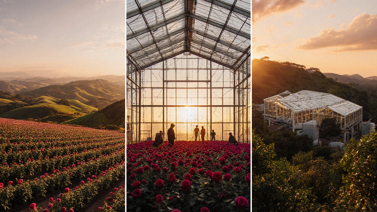 Digital painting of Kenyan, Dutch, and Ecuadorian rose farms side by side.