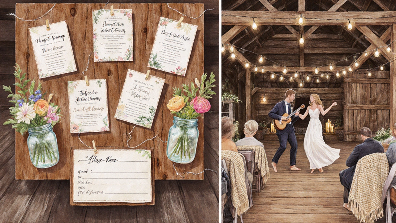 DIY barn wedding with mason jar flowers, fairy lights, and friends playing music as couple dances barefoot.
