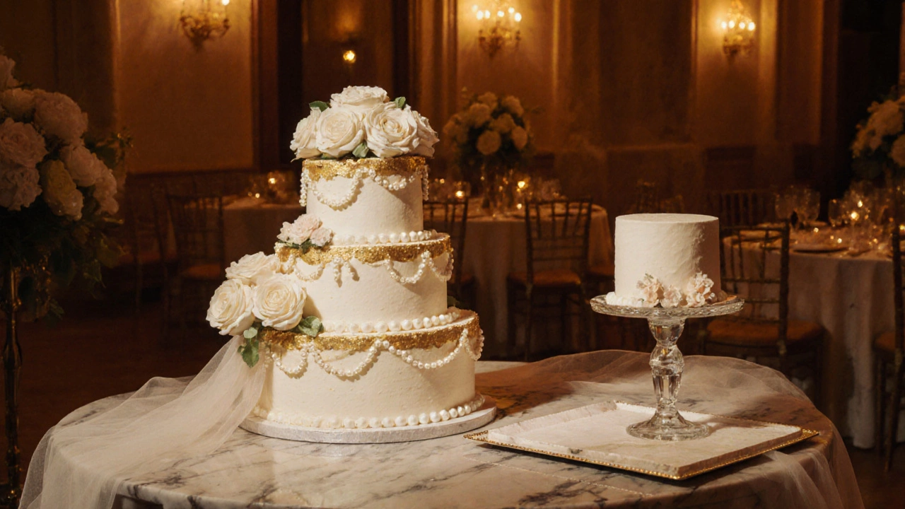 Elegant three-tier wedding cake with decorative roses beside a display cake at a reception.