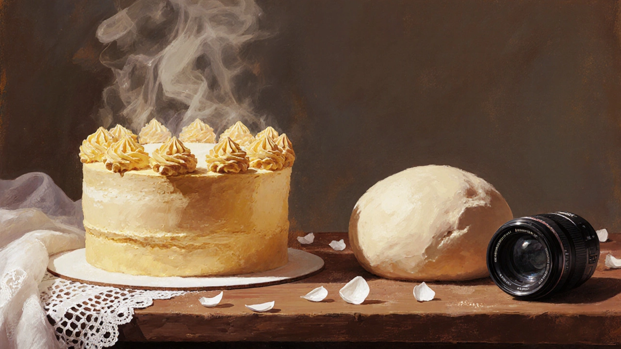 Golden wedding cake beside a lump of raw dough, symbolizing edited photos versus raw files.