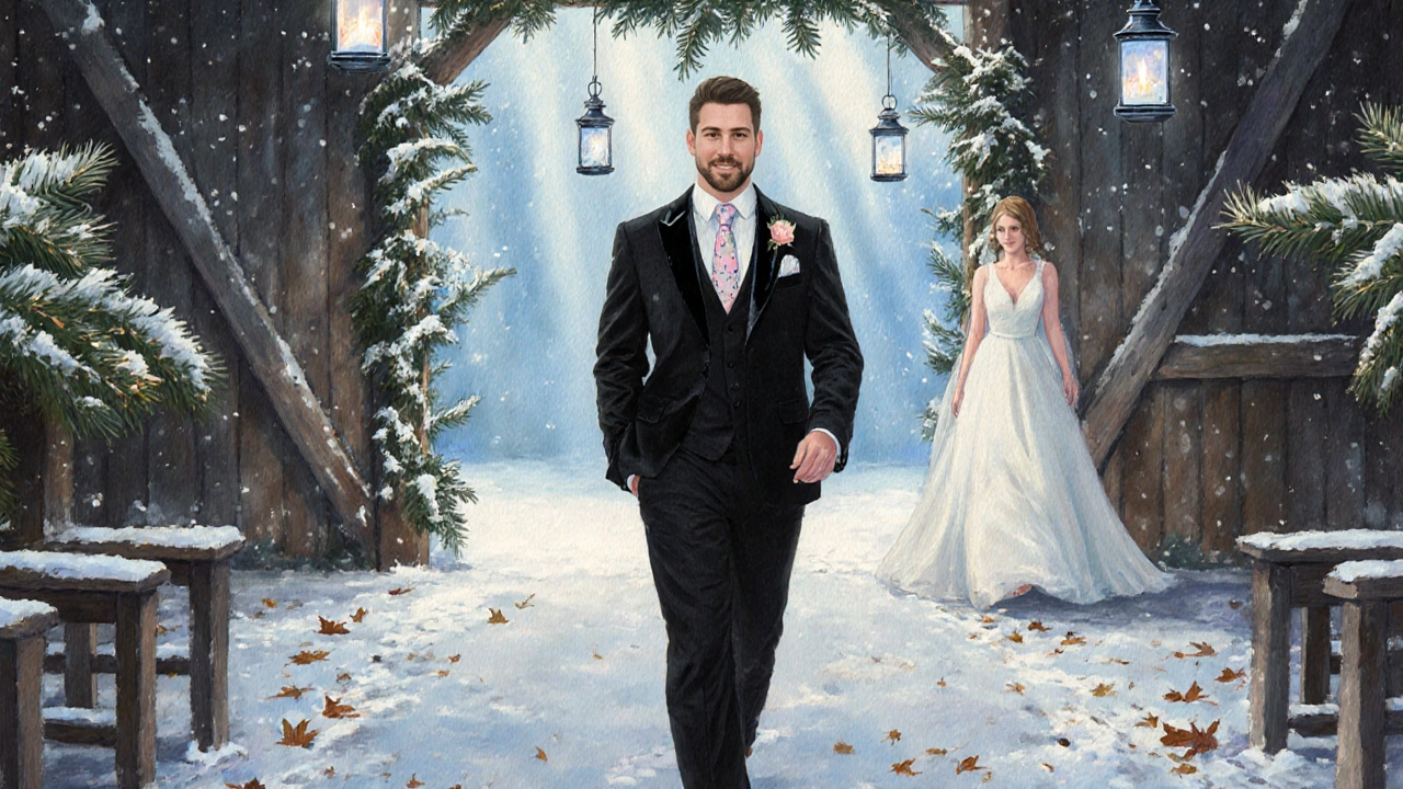 Groom walking down an aisle in a black suit, surrounded by winter decorations and soft lighting.