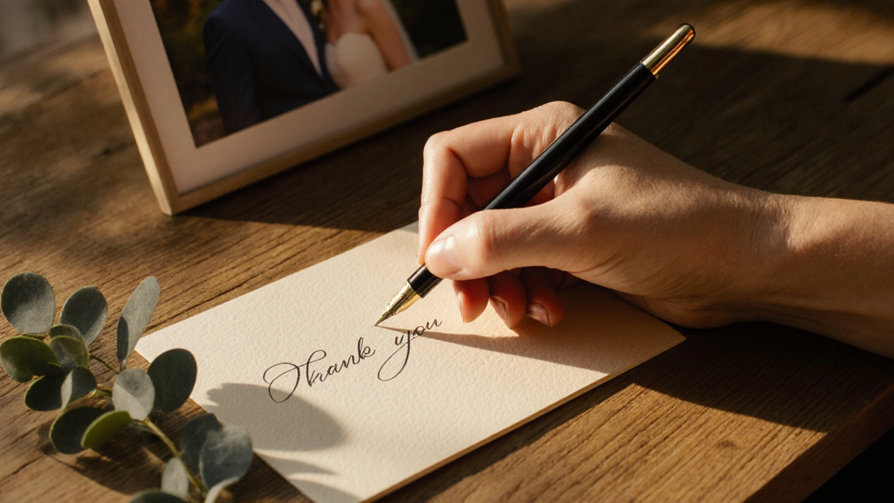 Hand writing a thank‑you note on elegant stationery with fountain pen and eucalyptus.