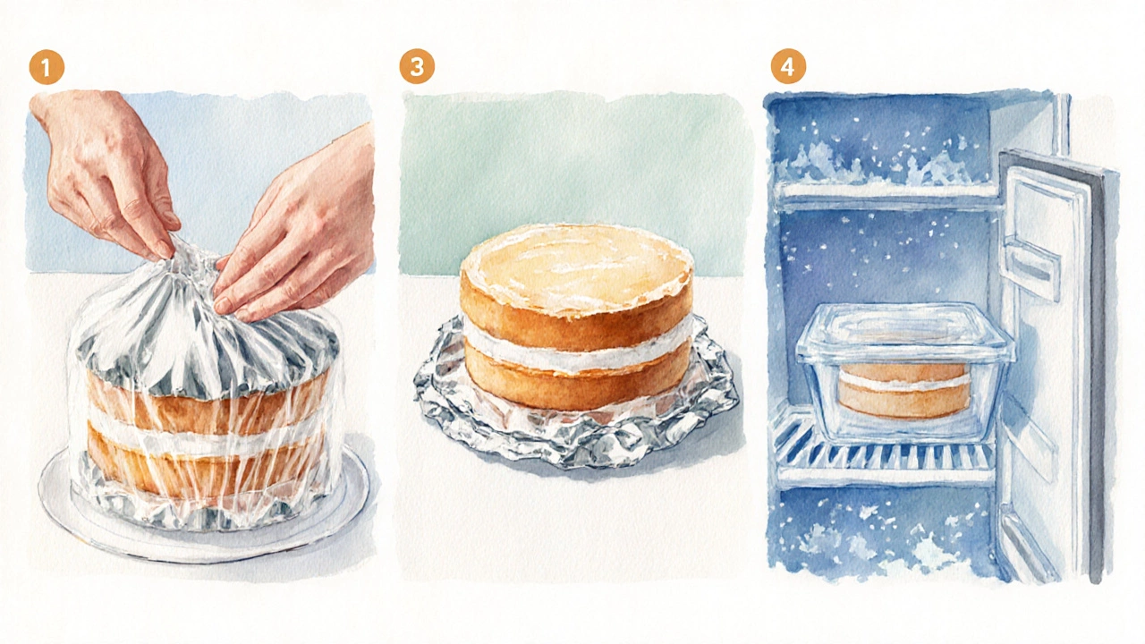 Hands wrapping a cake tier in plastic and foil, then placing it in a container inside a freezer.
