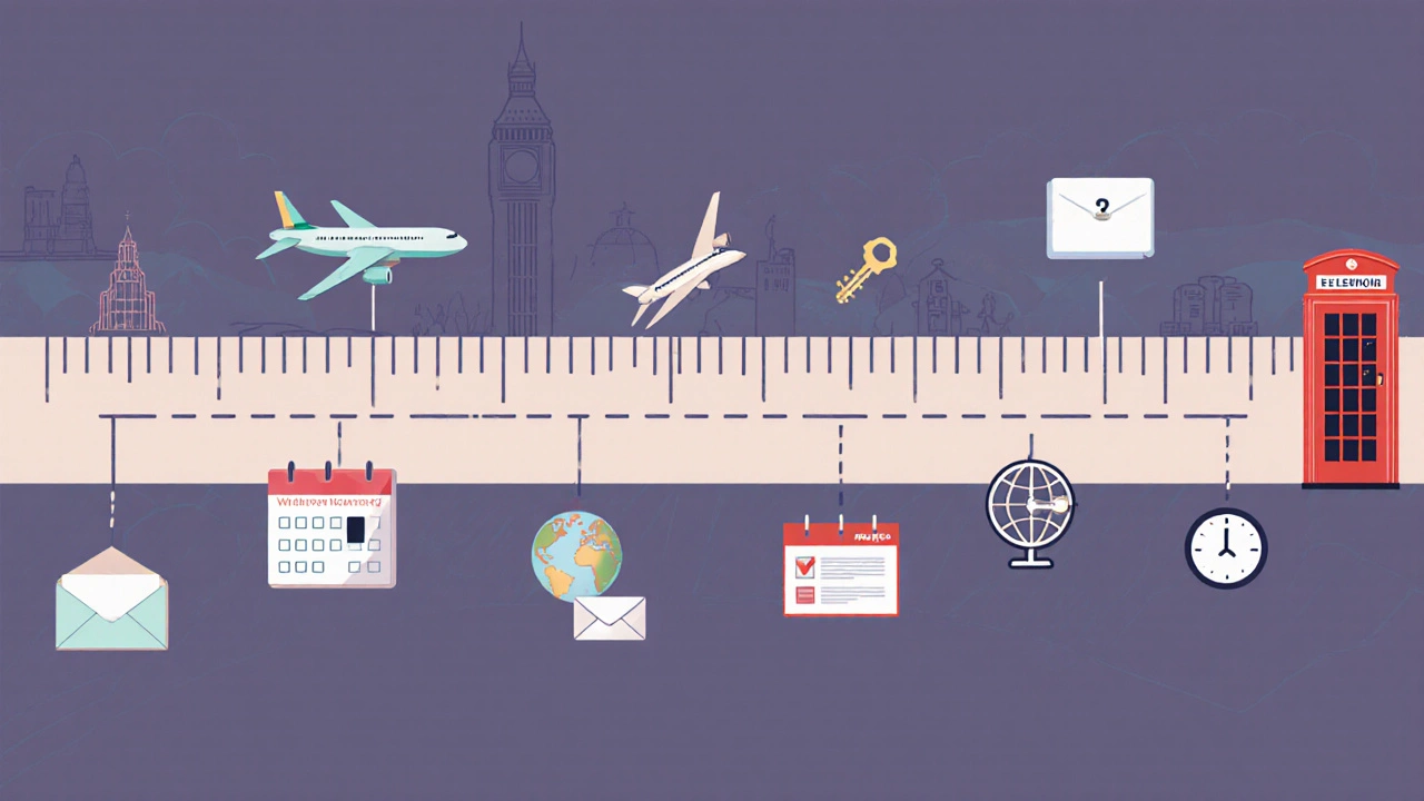 Illustrated timeline comparing ideal 8‑12 week and six‑month save‑the‑date schedules with travel and venue icons.