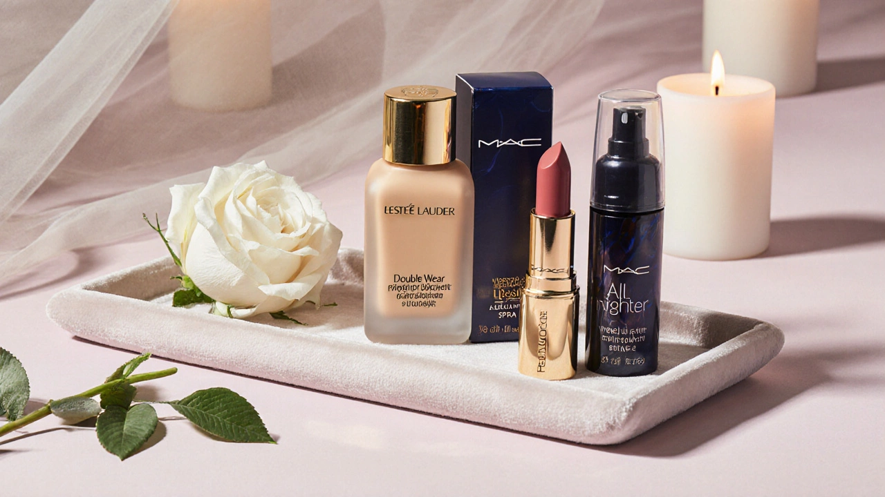 Open bridal makeup kit with luxury brands and a white rose on velvet tray.