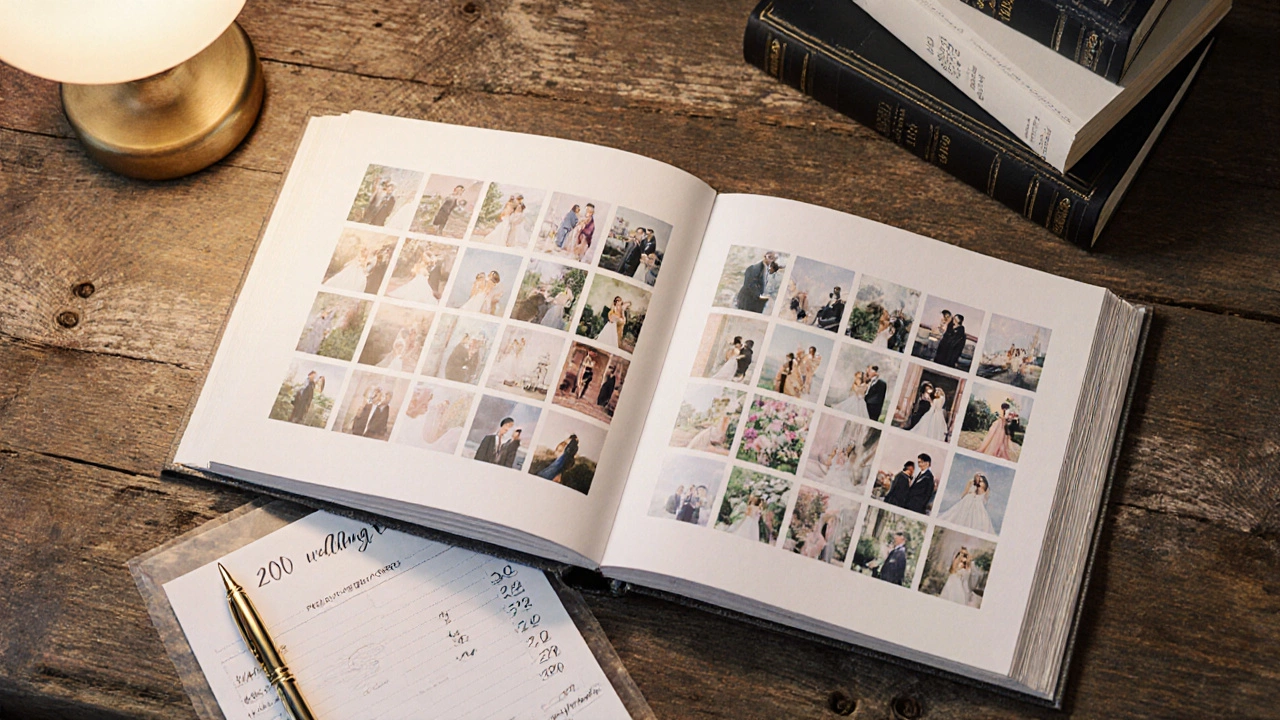 Open wedding album showing many photos with budget notes on a wooden table, in soft watercolor style.