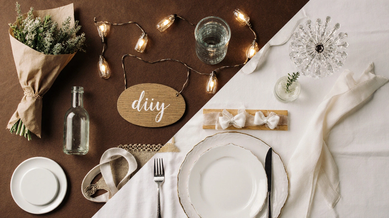 Overhead split view comparing handcrafted DIY décor items with upscale professional decorations.