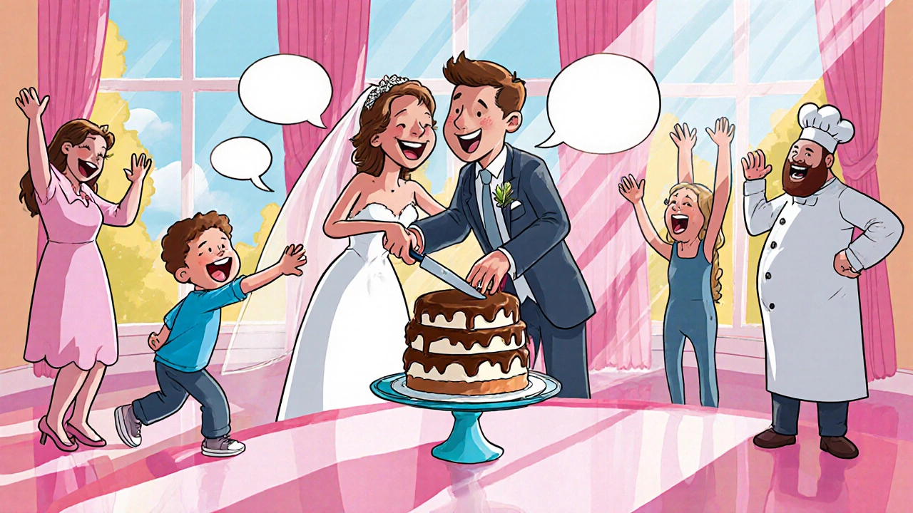 Playful cartoon of couple cutting a wobbling cake, child reaching for the knife, guests laughing.