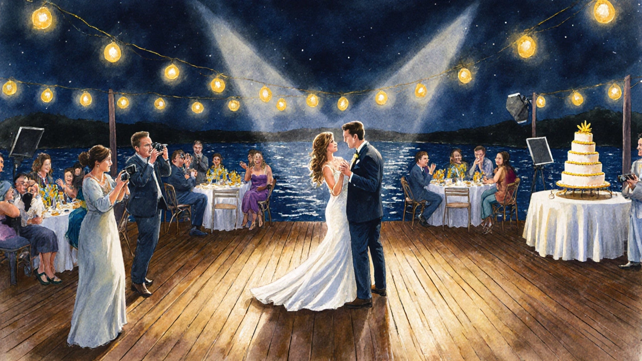 Reception scene with photographer team documenting first dance, cake cutting, and guests.