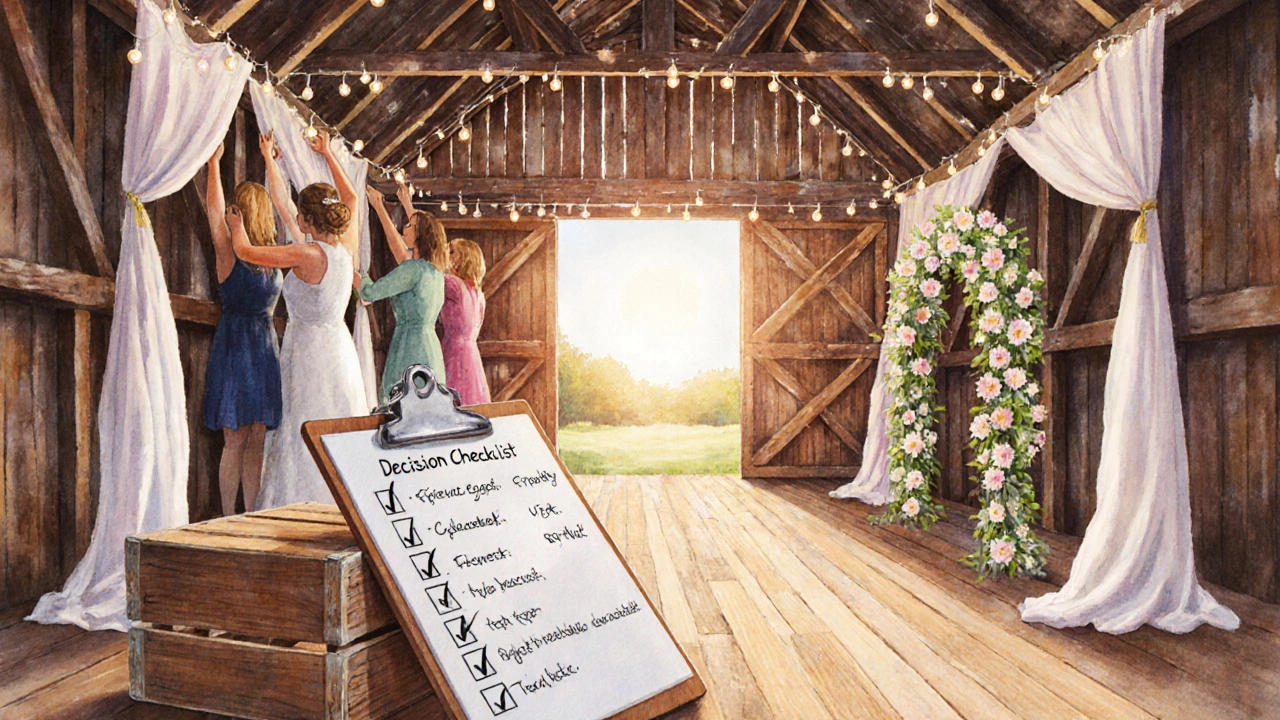 Rustic barn wedding aisle being set up by friends with DIY drapes and lighting, clipboard nearby.