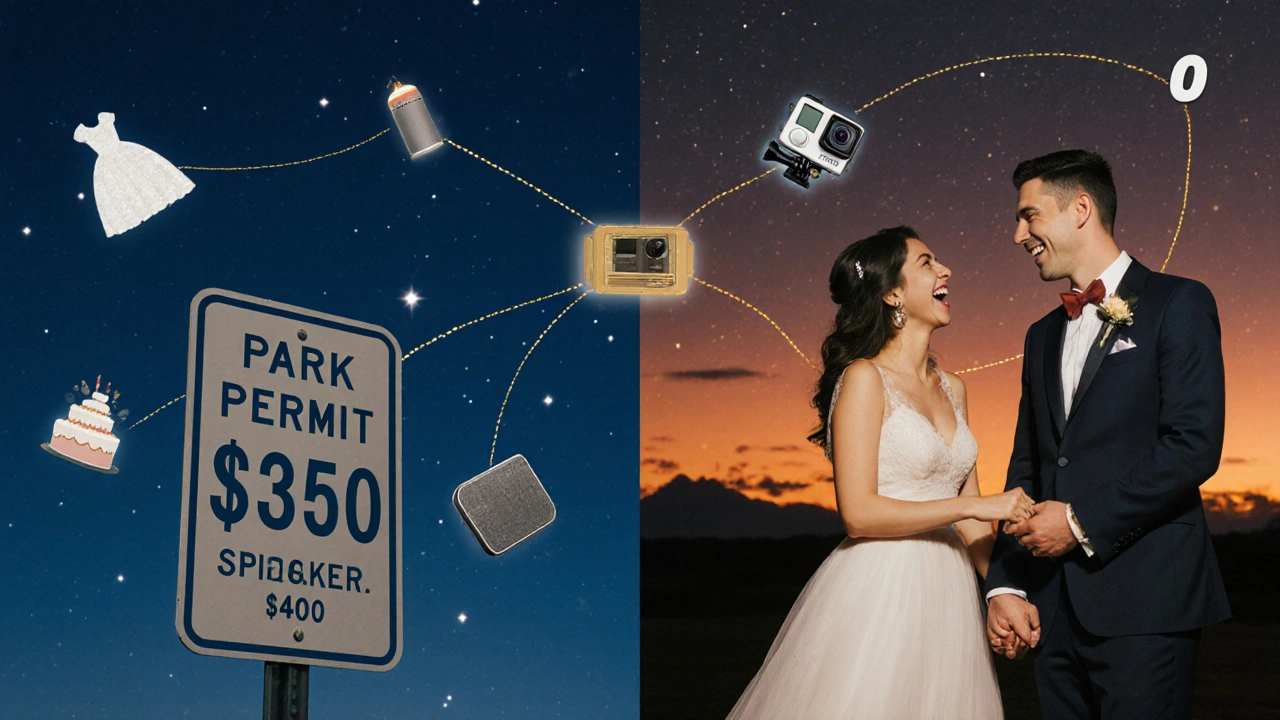 Split image of a couple with budget icons floating between park permit and starlit dance under night sky.