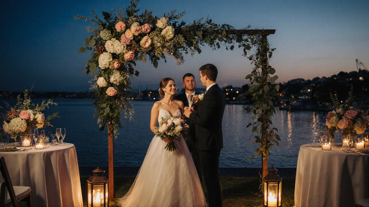 Sunset waterfront wedding with rose arch, lanterns, and peony bouquets.