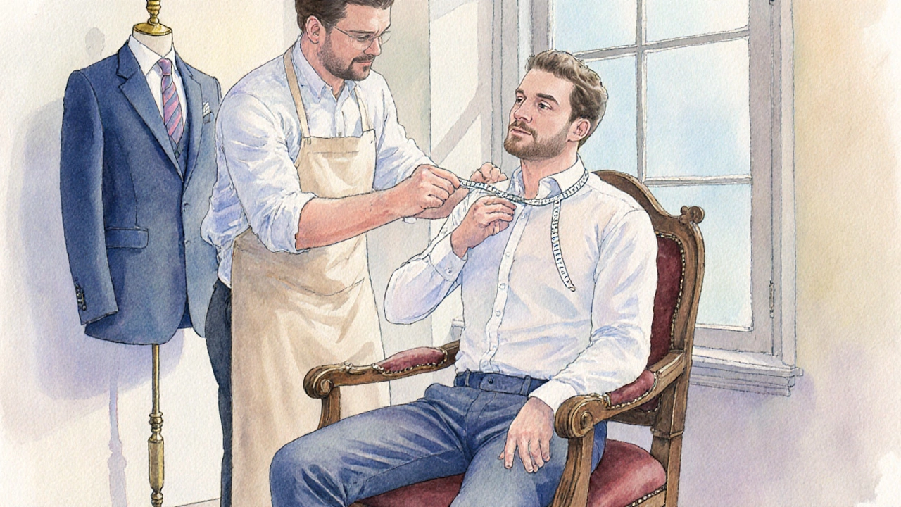 Tailor measuring groom during a fitting session.