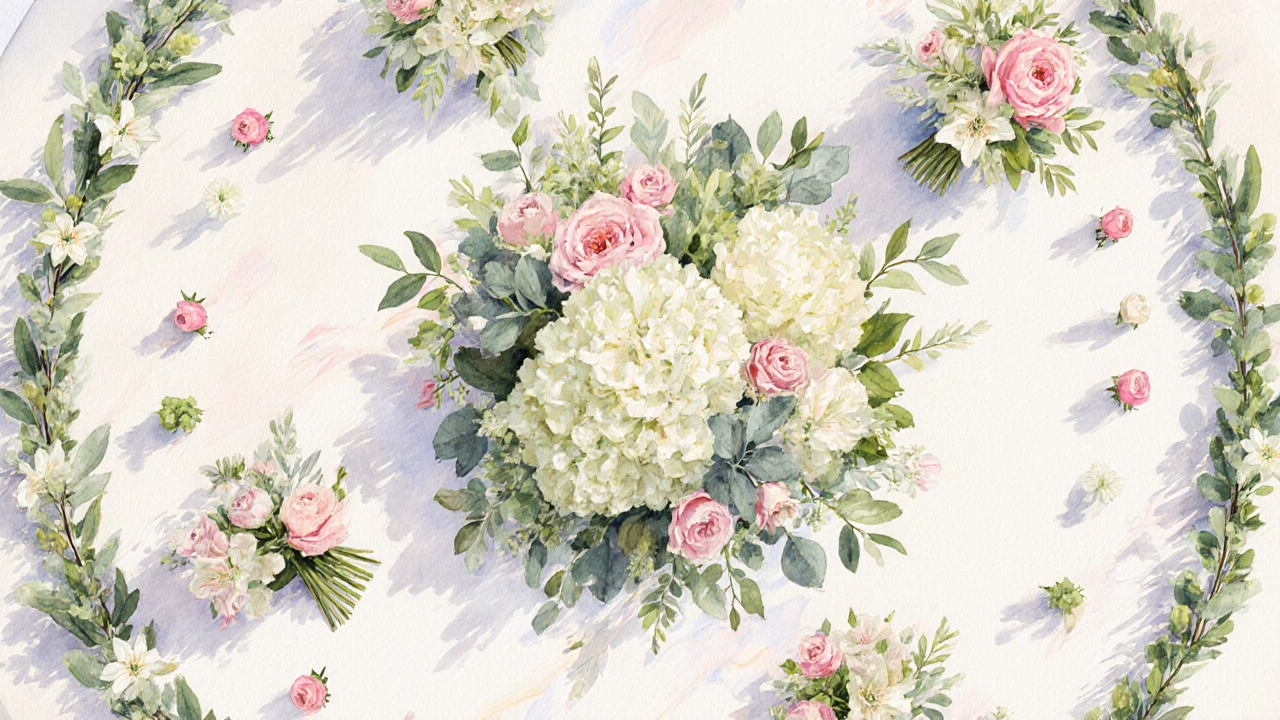 Top‑down view of floral arrangements showing budget portions for centerpiece, bouquets, and aisle décor.