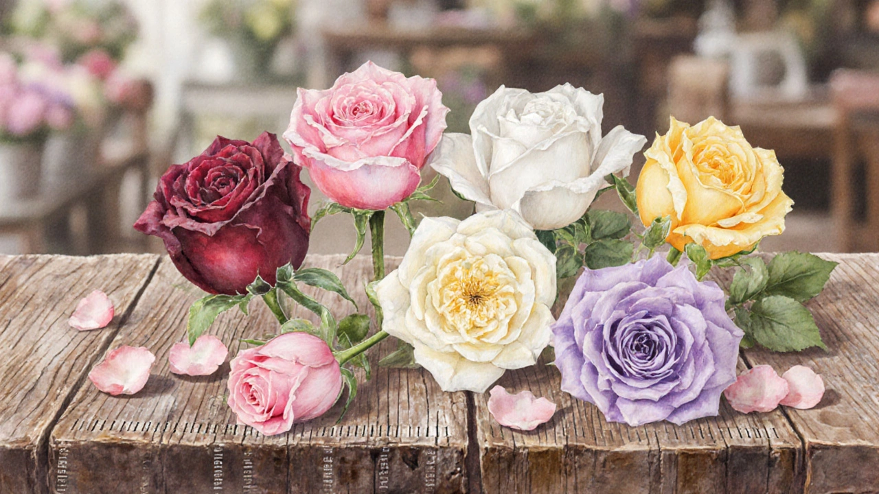 Watercolor of various rose types arranged on a wooden table for buying guide.