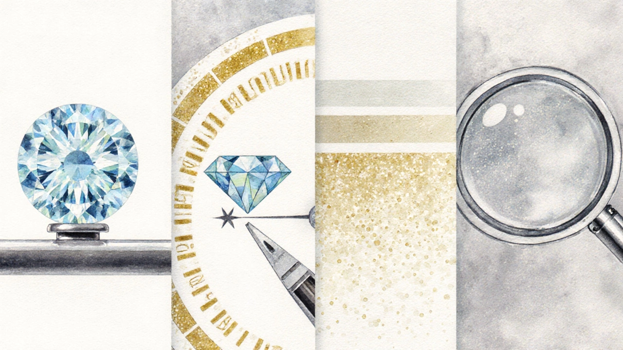 Watercolor panels illustrating carat weight, cut, color, and clarity of diamonds.