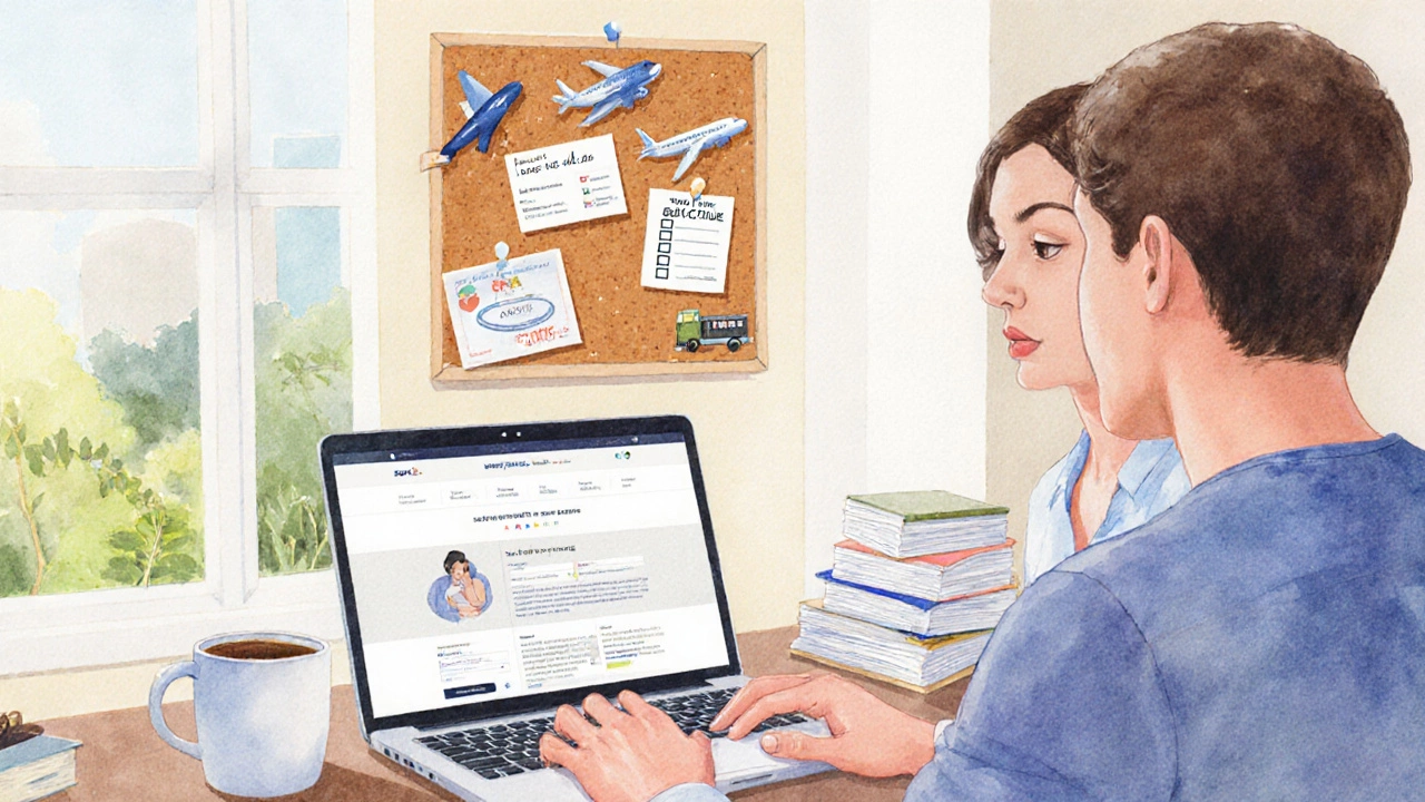 Watercolor scene of couple checking a wedding website and travel checklist beside printed save‑the‑date cards.