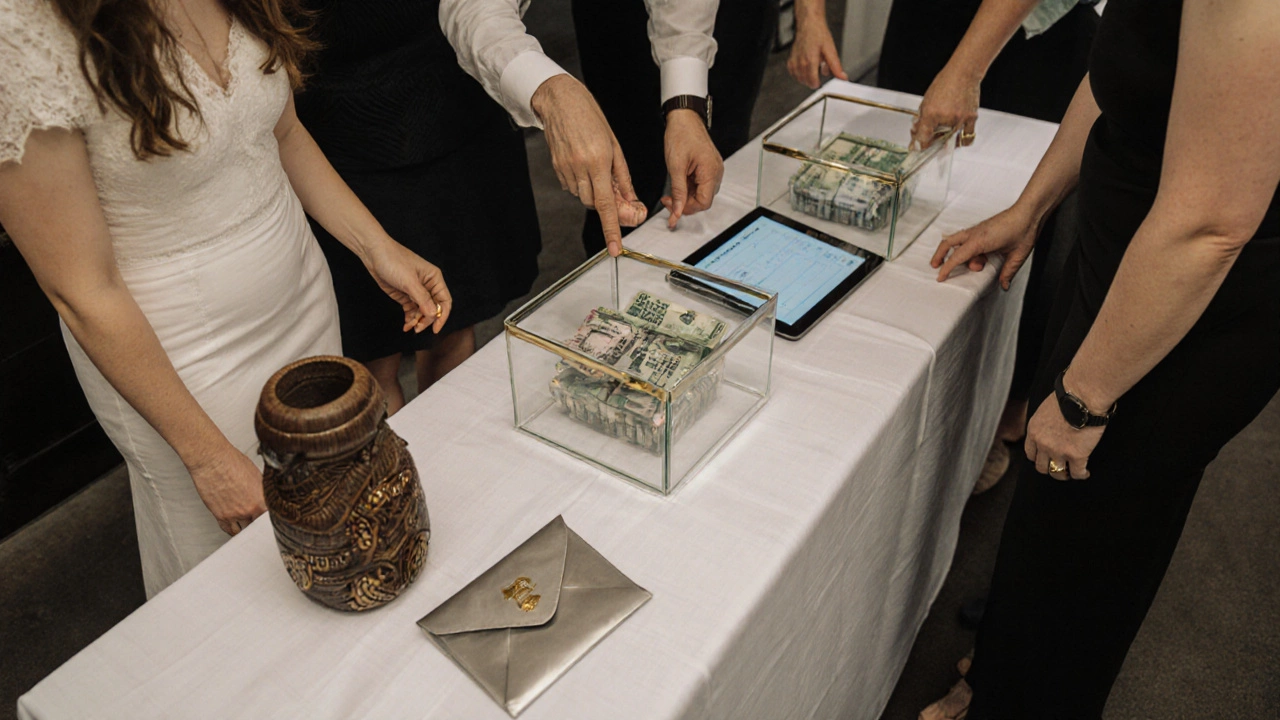 Wedding gift table with cash envelope, decorative boxes, Maori carved basket, and friends discussing a group gift.