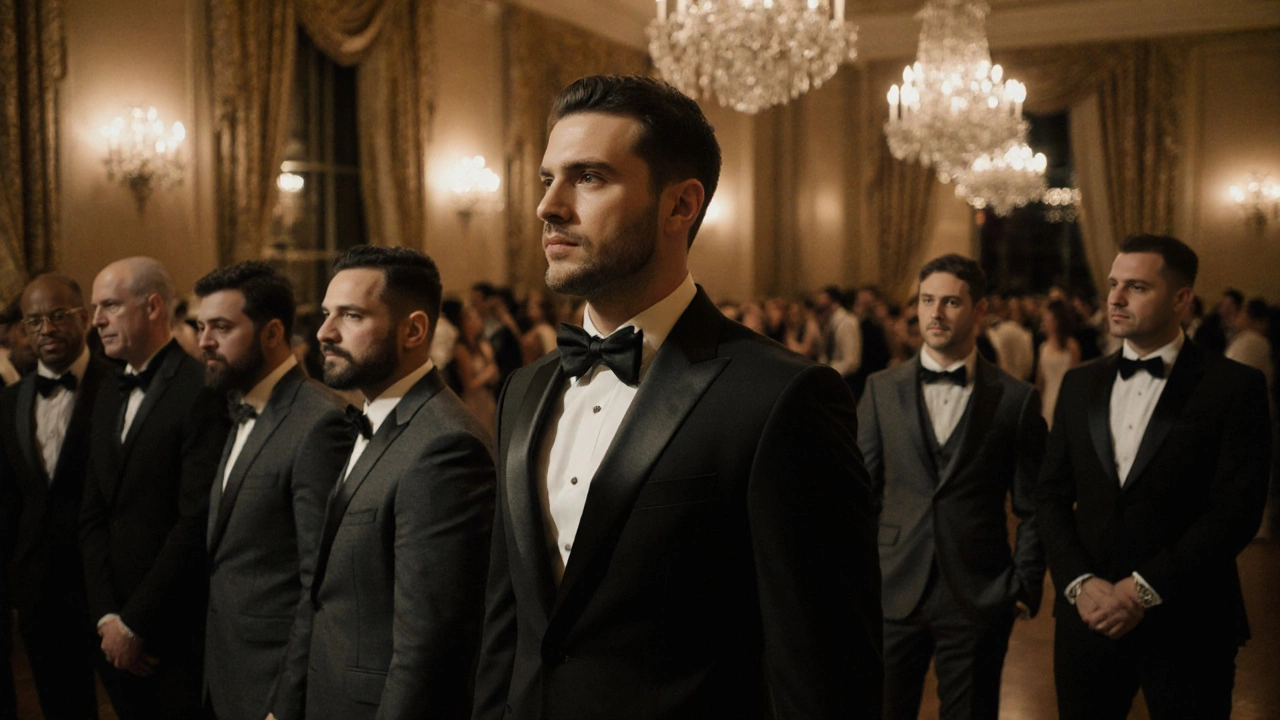 A groom in a matte black suit contrasts with groomsmen in charcoal suits at an evening ballroom wedding.
