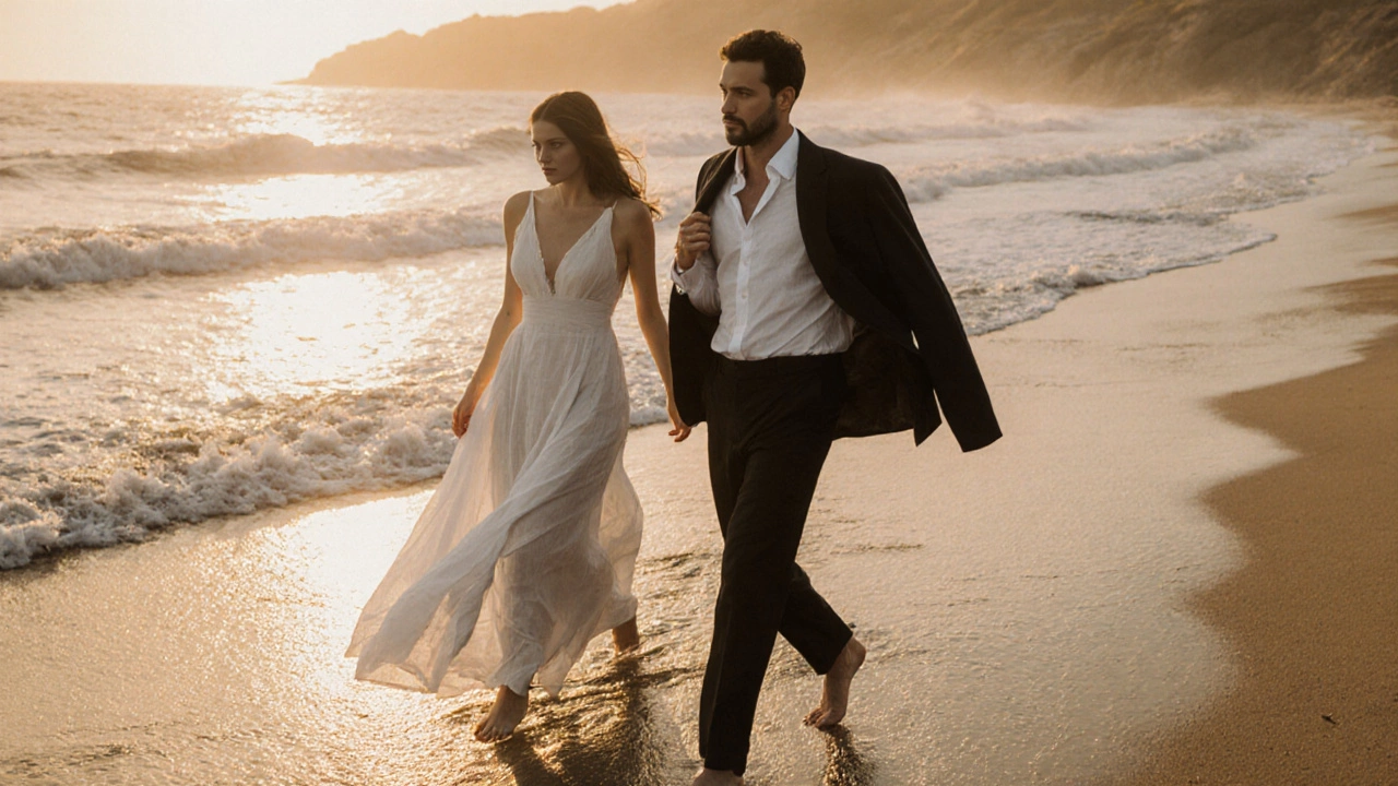 A groom in lightweight black linen walks barefoot on a beach at sunset, jacket over shoulder.