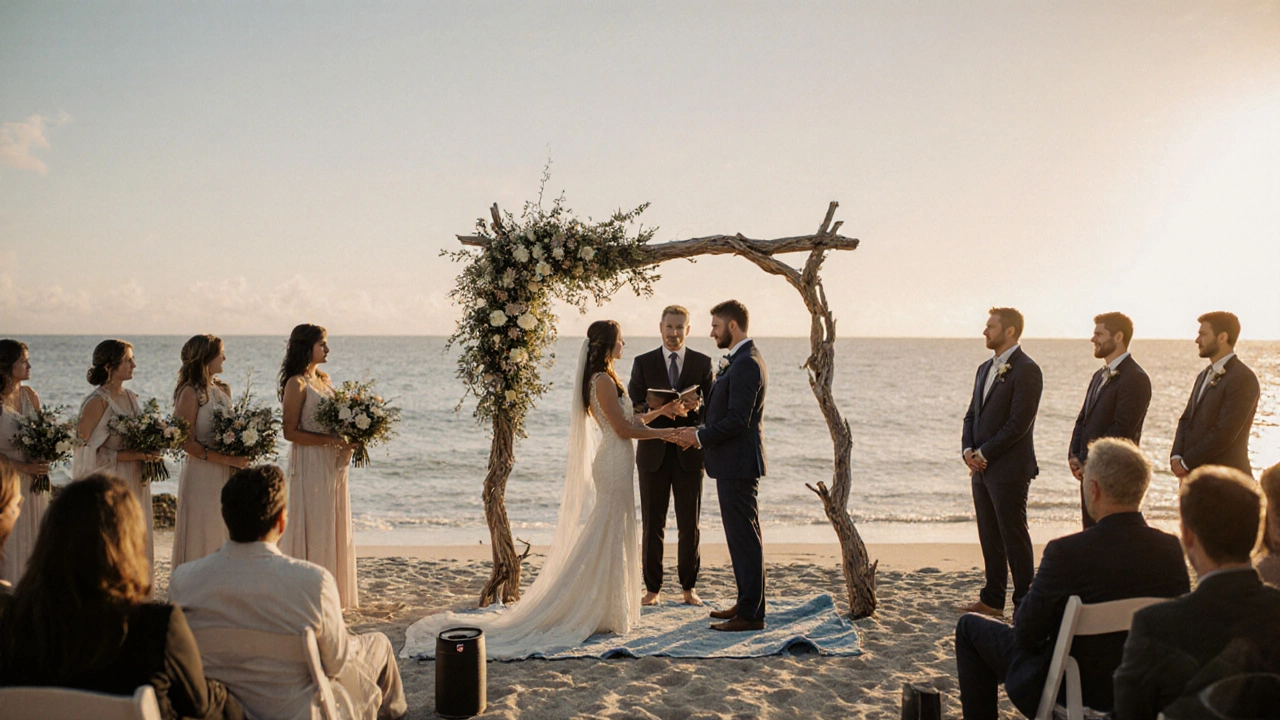 A small beach wedding with guests watching vows at sunset, no fancy decorations, just nature and love.