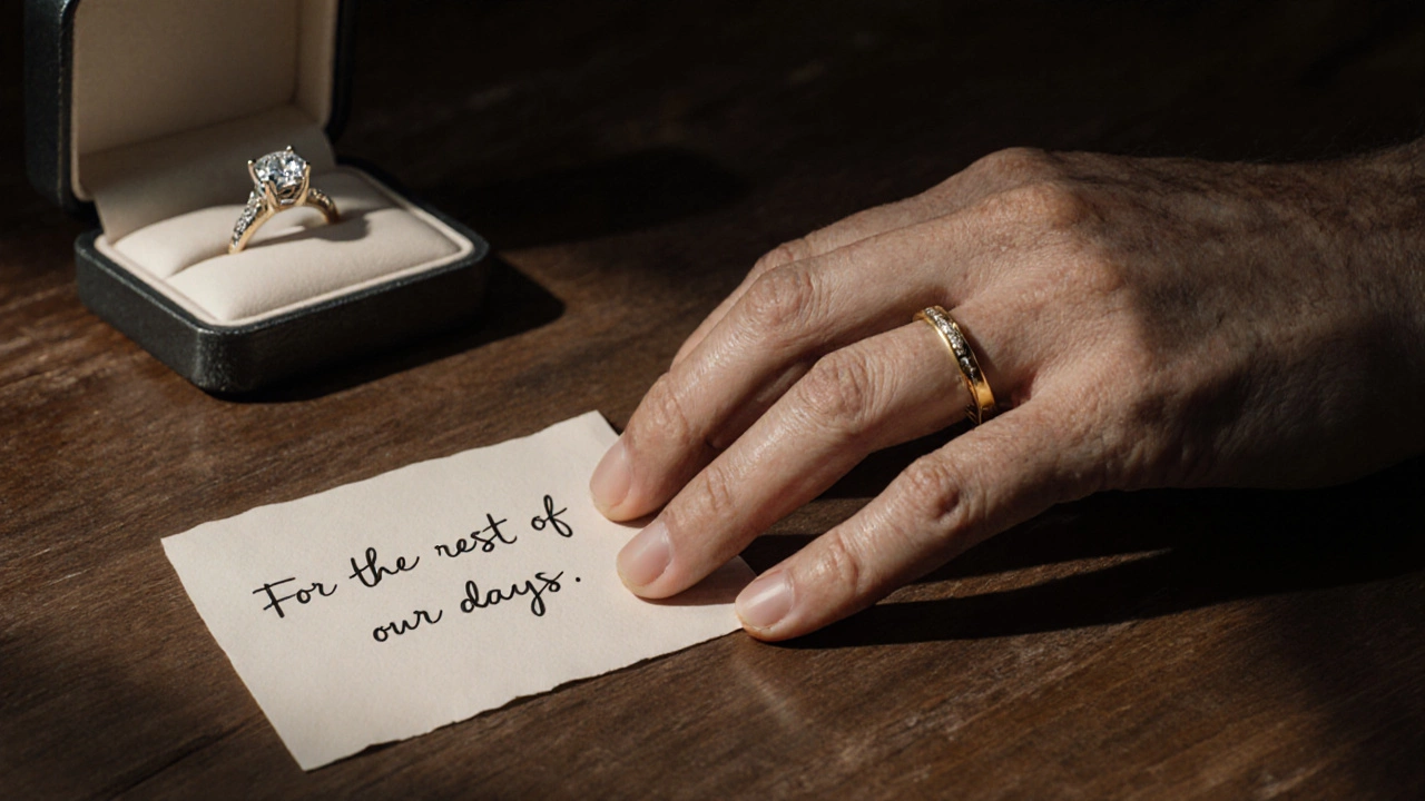 A weathered hand wearing only a simple gold wedding band beside an open jewelry box with a diamond ring.