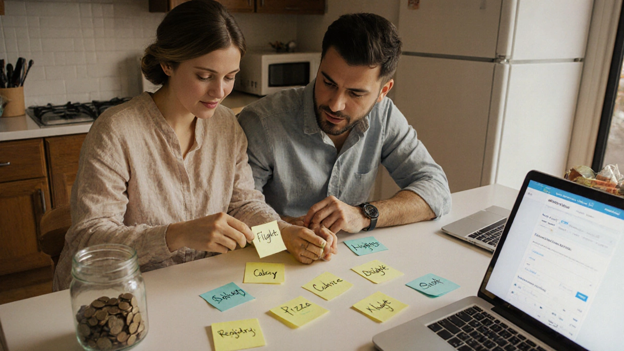 A young couple budgeting for their honeymoon with sticky notes and savings coins on a table.