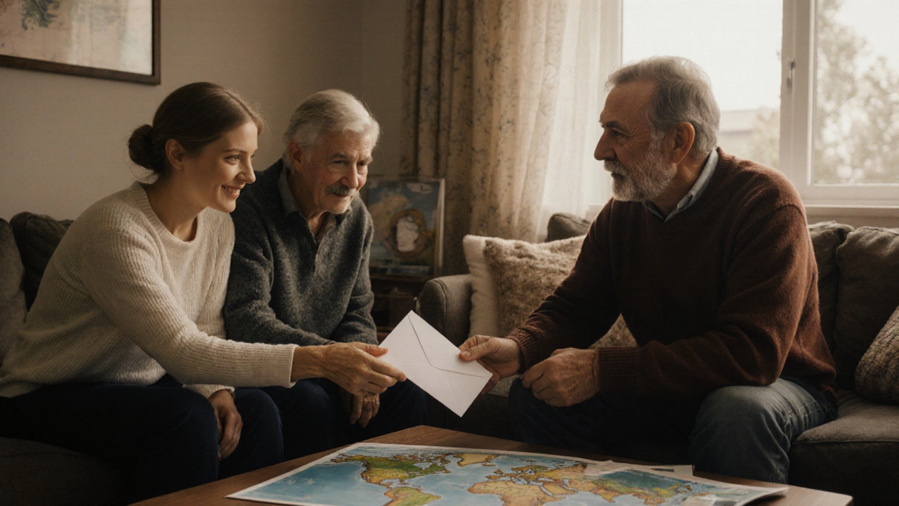 An older couple handing an envelope to a younger couple in a cozy living room.