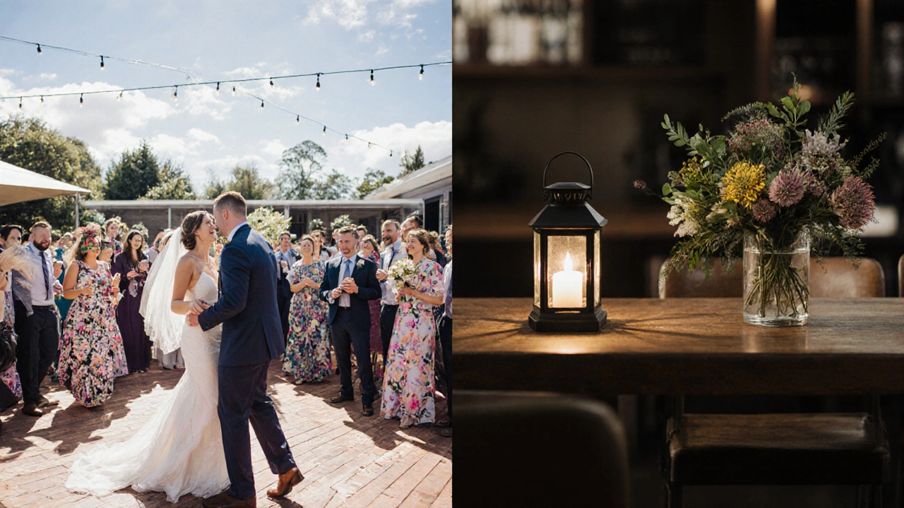 Contrasting Saturday wedding crowd with quiet Tuesday wedding featuring native flowers and soft lantern light.
