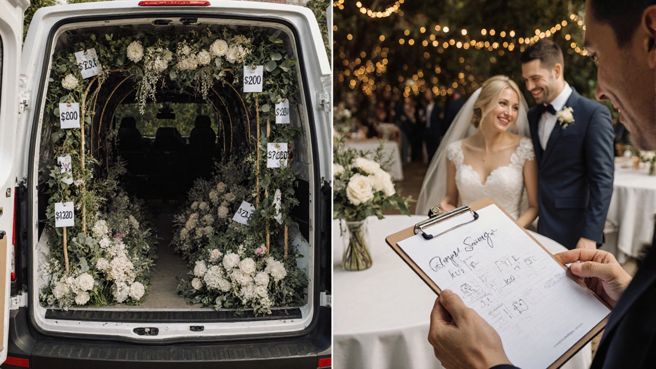 Decorator’s van filled with expensive wedding decor beside a simple table centerpiece and savings note.