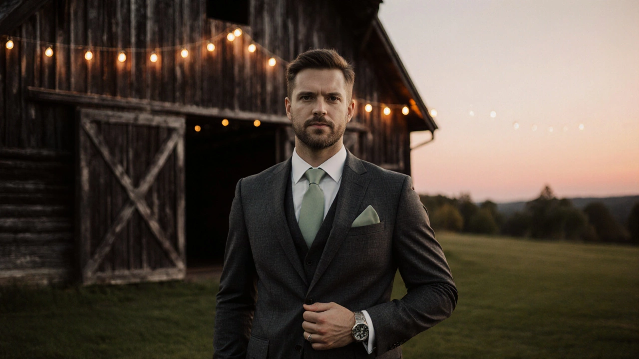 Groom in charcoal suit before a rustic barn at dusk with string lights glowing.