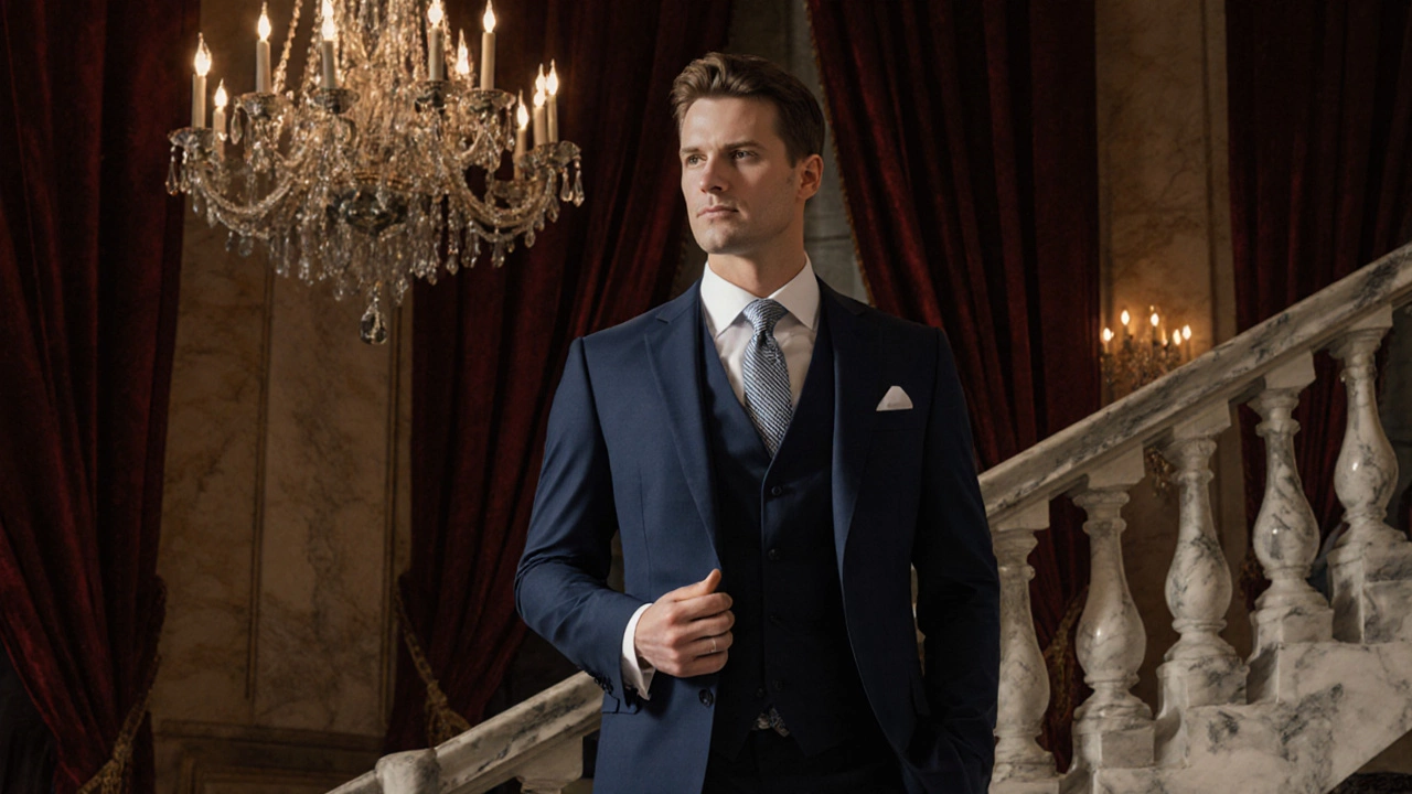 Groom in navy suit on marble staircase in a ballroom with chandeliers.