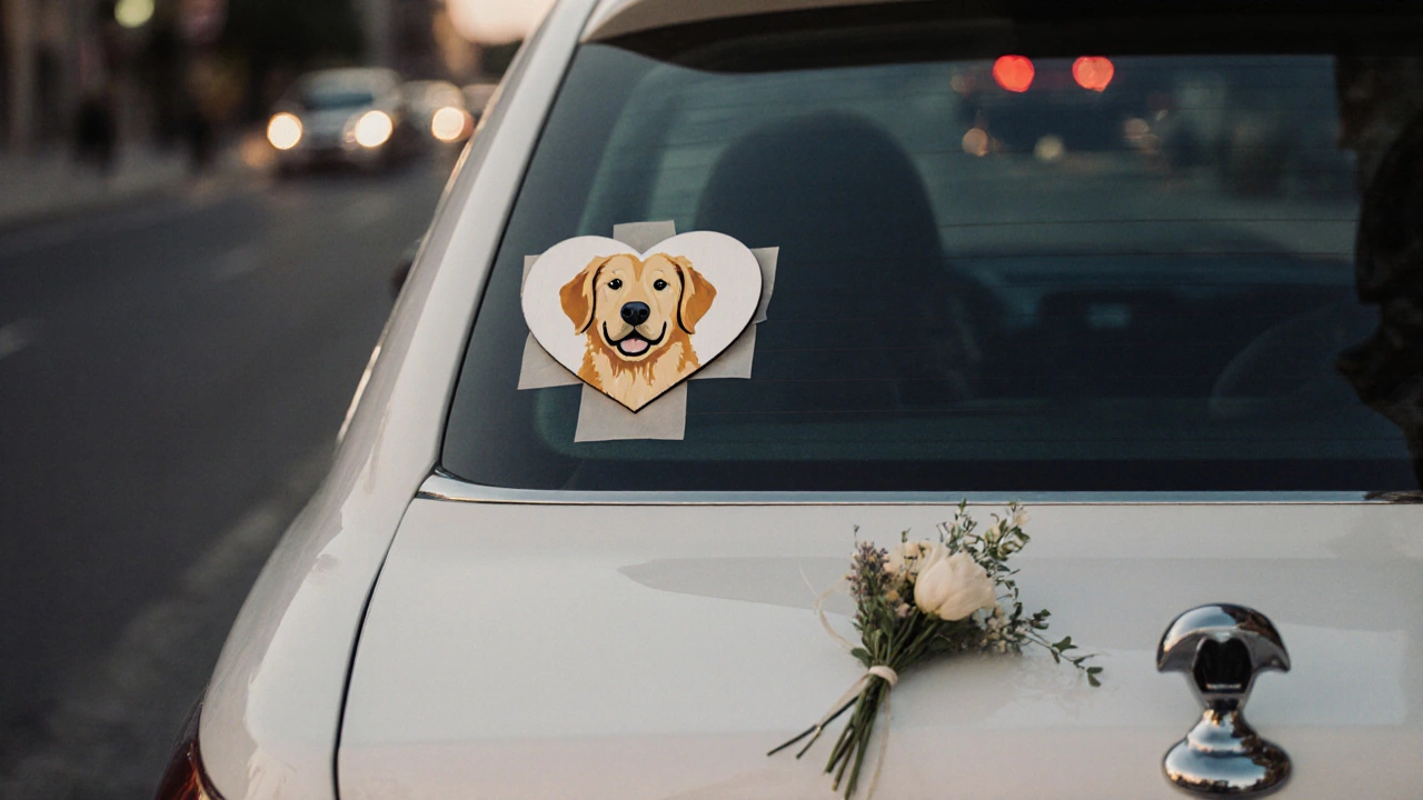 Heart-shaped sign with a dog&#039;s face painted on it, attached to a wedding car&#039;s rear window.