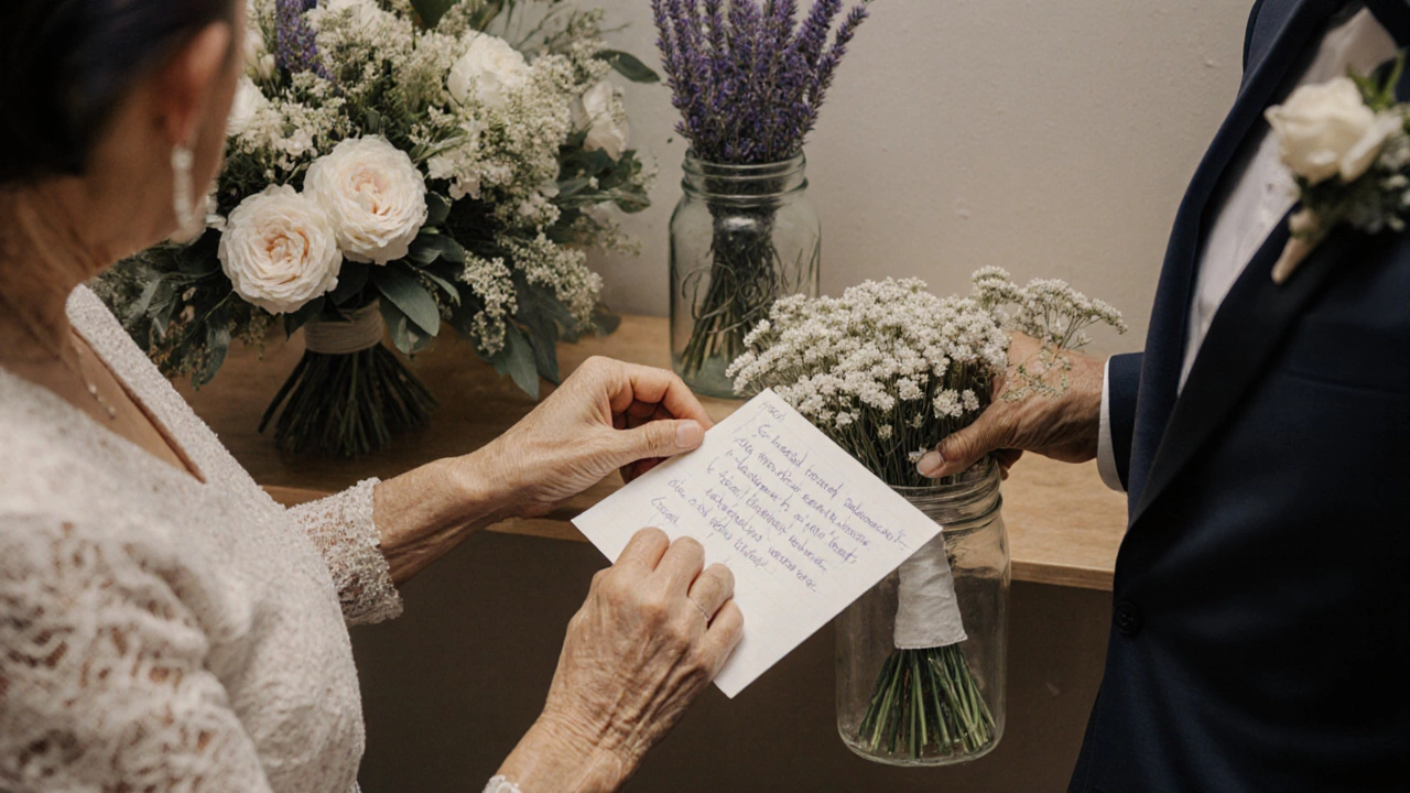 Mother of the groom placing a note beside sampaguita flowers in a florist’s studio, lavender unused on a shelf.