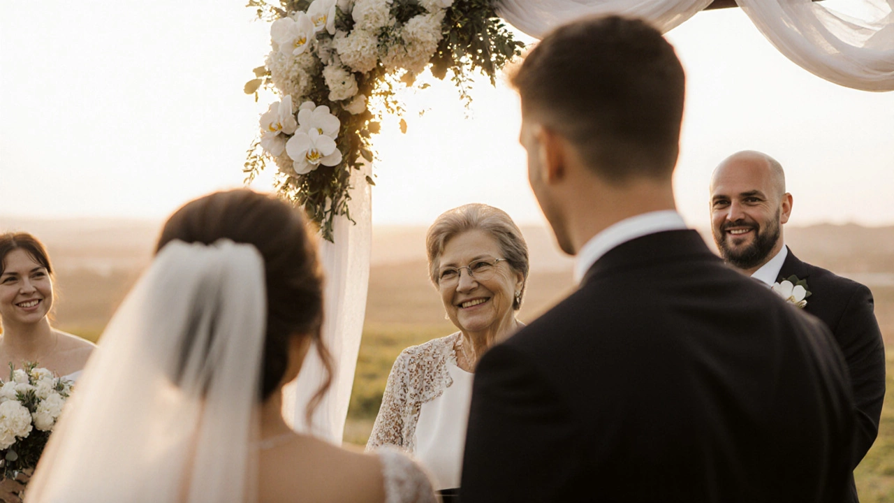 Mother of the groom smiling beside her son as the bride walks toward them, groom’s simple boutonniere visible.